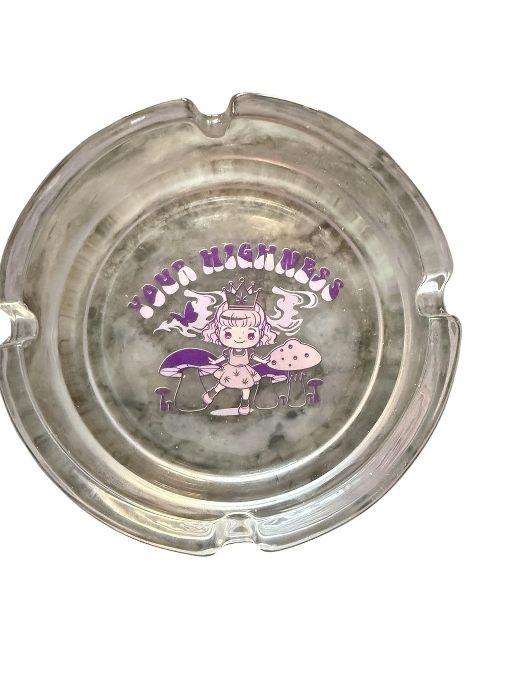 Dolls Kill Clear Glass Ashtray with Purple Graphic "Your Highness"